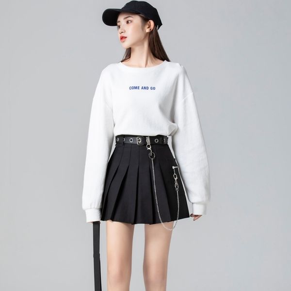 

japanese jk skirt women harajuku preppy style high waist belt chain short mini skirt girls gothic punk black pleated skirt
