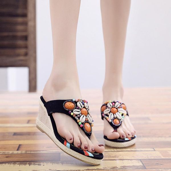 

string bead rubber flip flops med female shoes slippers women summer slides on a wedge hawaiian 2021 scandals fabric ethnic flor, Black