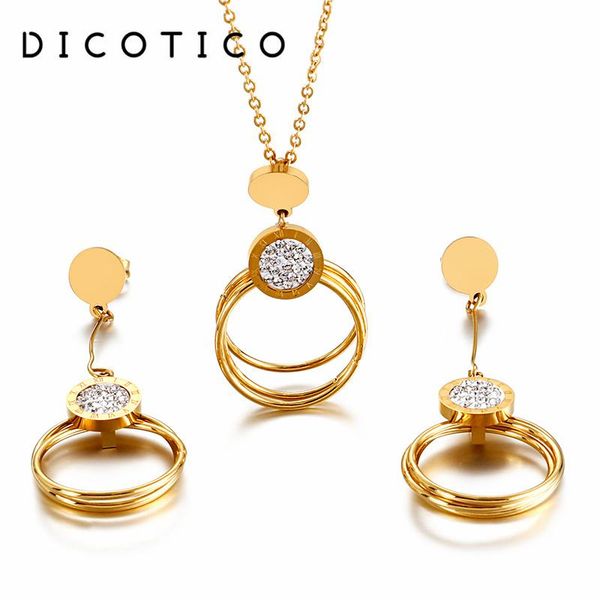 

earrings & necklace roman numerals round women jewelry set mujer zircon stainless steel chain necklaces sets wedding choker for gift, Silver