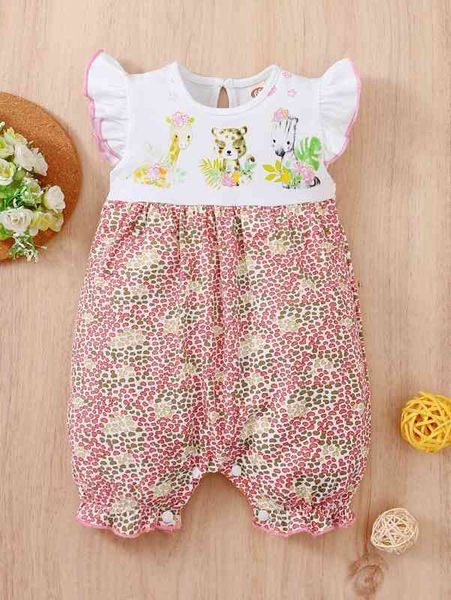 

baby cartoon & heart print flutter sleeve romper she, Blue