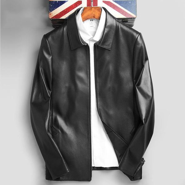

man sheep skin and wool leisure old coat lapels men's leather & faux, Black