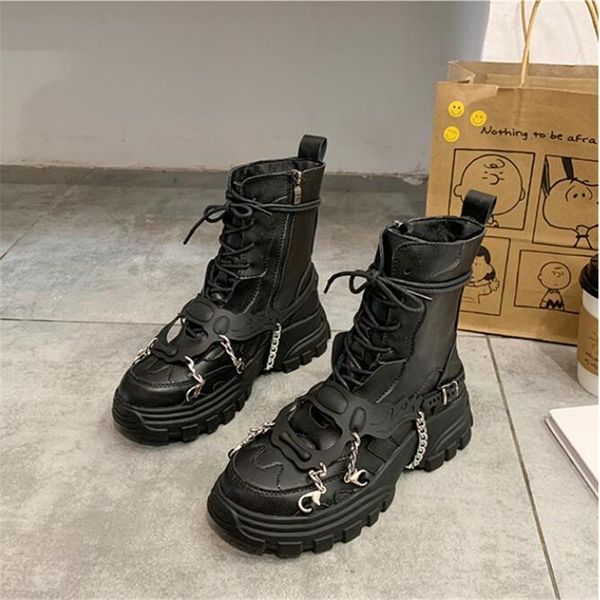

boots 2021 autumn women shoes platform punk gothic for combat ladies black shoe metal button woman motorcycle