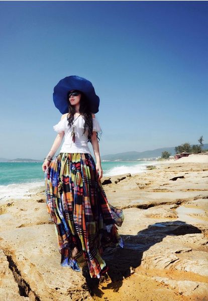 

skirts summer original design bohemian multicolor plaid print all-match casual beach vacation chiffon a-line maxi skirt, Black
