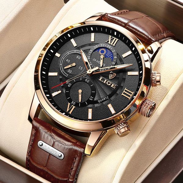 

wristwatches lige fashion brown leather watch men casual waterproof sport quartz reloj hombre, Slivery;brown