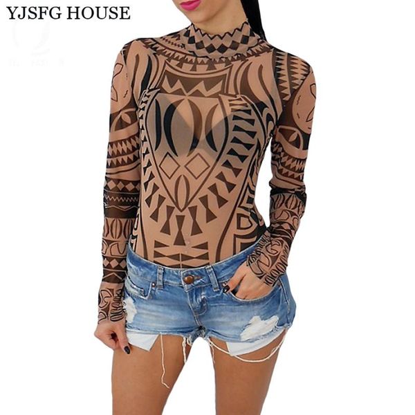 

women's jumpsuits & rompers women long sleeve bodysuits totem printed high collar body femme fashion perspective overall, Black;white