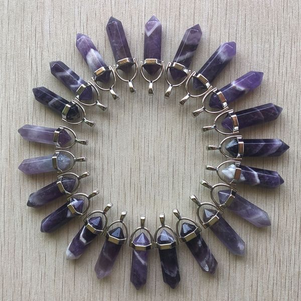 

natural stripe amethysts charms hexagonal healing reiki point pendants for jewelry necklace making, Bronze;silver