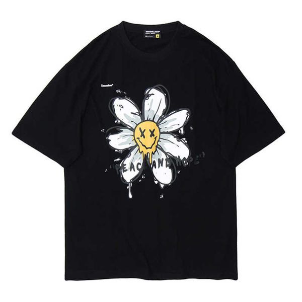 

brand men t shirts fashion short sleeve vertical men's graffiti flower youth tee women cotton street harajuku style male t-shirt 210527, White;black