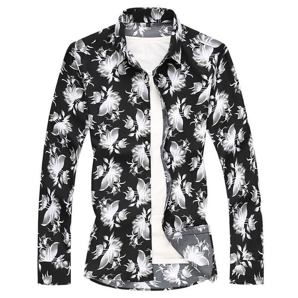 

hawaiian shirts for men plus size dress flower print shirt turn down collar long sleeve male camisa men's casual, White;black