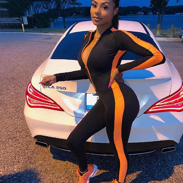 

women's jumpsuits & rompers fitness sporty workout womens jumpsuit neon casual patchwork active wear long sleeve zipper autumn, Black;white