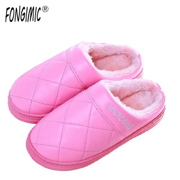 

fongimic water proof sho pu leather women men lovers cotton slipper non-slip couple house slippers flat, Black