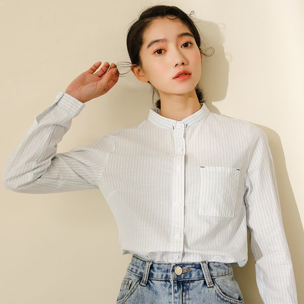 

spring stripe vintage shirt female oversize long sleeve girls blouse plus size stand women blouses femme blusas 210417, White