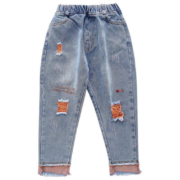 

kids ripped jeans girls cotton 2021 autumn casual streetwear denim pencil pants for 4 10 12 years children clothes, Blue