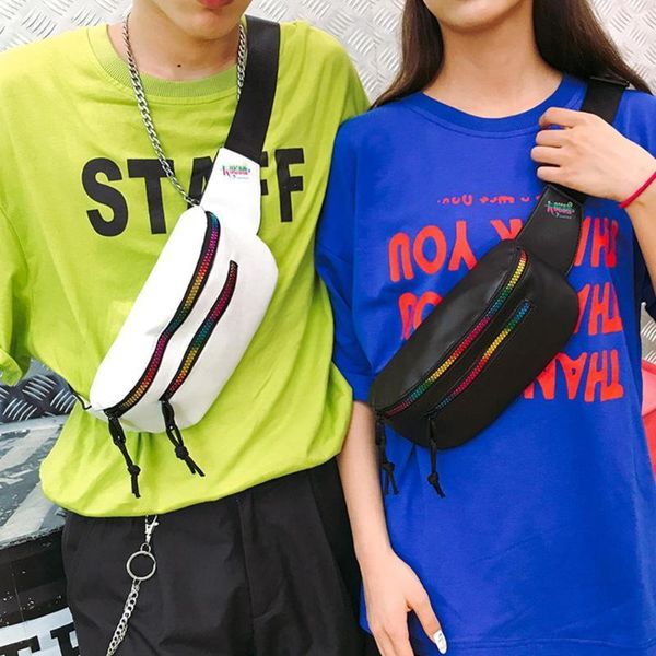 

waist bags women men pu leather colorful zipper chic street fanny pack bagcrossbody shoulder chest bag handbags belt black/white