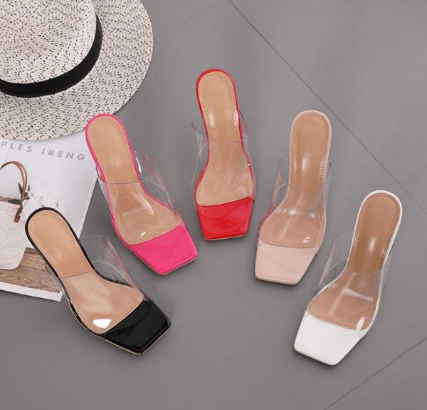 

female shoes low square toe transparent slippers glitter slides women heels 2021 jelly high rome fabric pu basic pvc hoof, Black