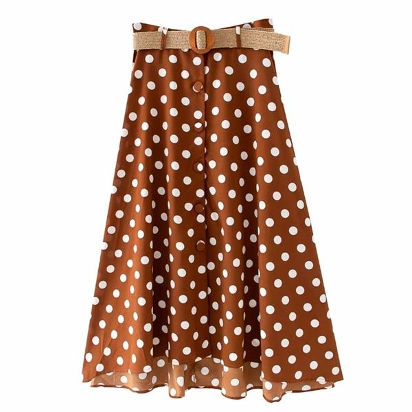 

women vintage polka dots printing breasted buttons skirt faldas mujer ladies sashes chic mid-calf a line skirts qun602 210419, Black