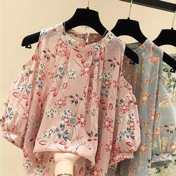 

floral print o neck women blouses short sleeve cold shoulder appliques loose chemise femme shirt bluzka damska, White