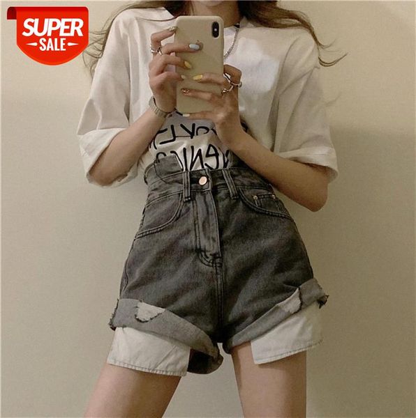 

ins high waist irregular curled denim shorts #ro6m, Black;gray