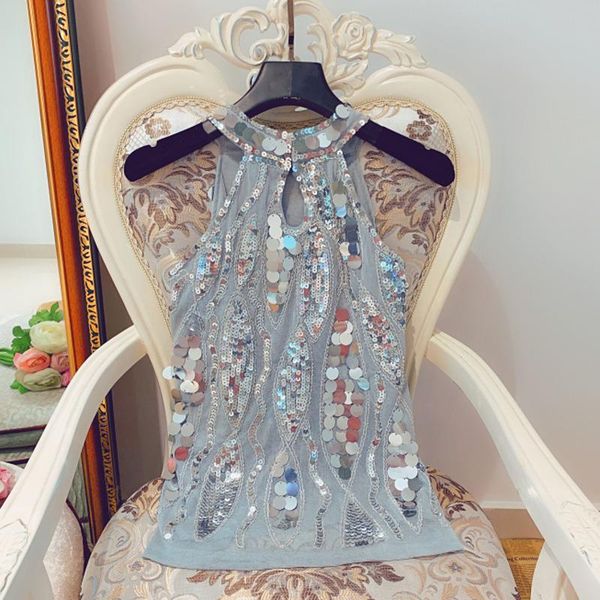 

women's tanks & camis [ewq] 2021 clothe fashion femme wave pattern sequined halter sleeveless fashionable trend european women vest, White