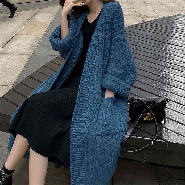 

philosopohy female winter thicken warm long open stitich loose solid cashmere knitted sweaters outerwear cardigan 210510, White
