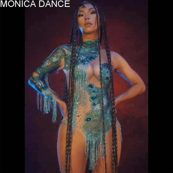 

stage wear sparkly rhinestone tassel dance bodysuit crystals fringes leotard nightclub outfit for women singer dancer show, Black;red