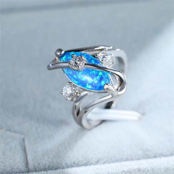 

wedding rings classic round crystal small stone engagement ring dainty female blue fire opal silver color for women, Slivery;golden