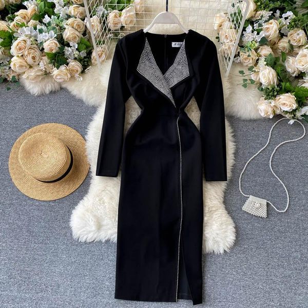 

casual dresses european autumn temperament lightness commuter heavy industry rivet collar long women fashion streetwear 2021, Black;gray