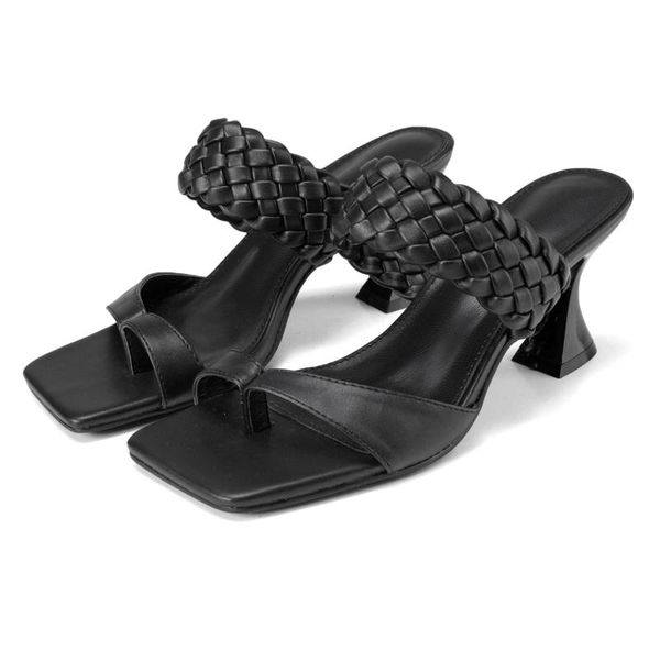 

summer pu leather braided thin high heel sandals slides women party shoes cross wove folds mules slippers 42, Black