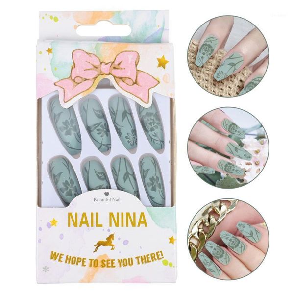 

24pcs flower pattern long full cover false nails fake for home and salon1, Red;gold