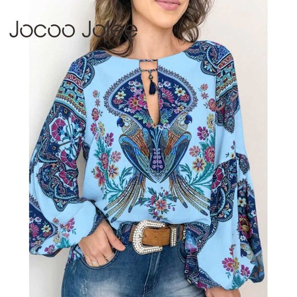 

jocoo jolee women indie folk style blouse vintage flare long sleeve geometric pattern shirt boho casual female loose blusas 210619, White