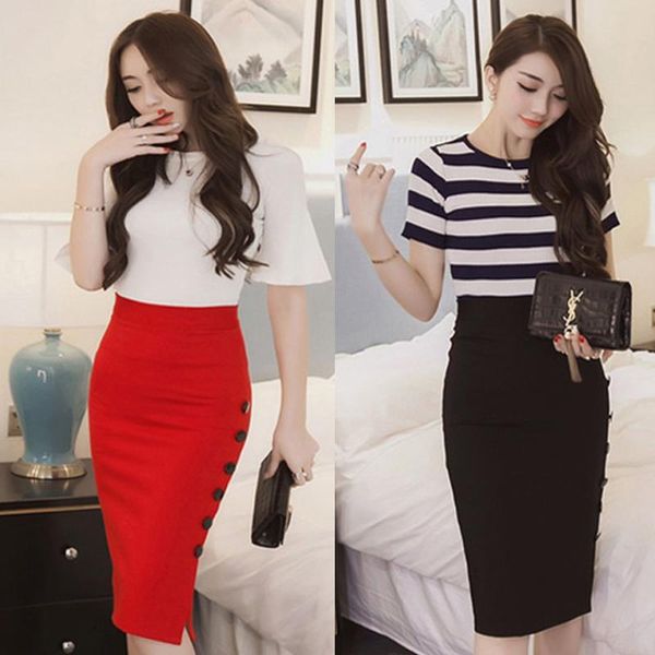 

skirts women elegant slim pencil side split button office ladies bodycon fitted high waist skirt, Black