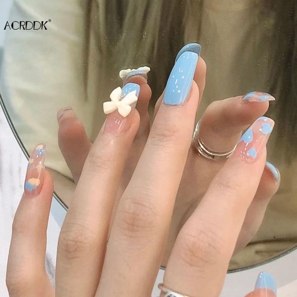 

false nails 24pcs blue bow nail patch love heart printed glue type removable long paragraph fashion manicure dw, Red;gold