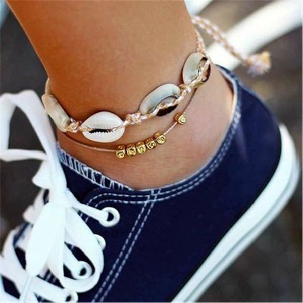

summer beach foot chain anklets jewelry boho brown rope shell weaving for women fashion ankle bracelet on the leg, Red;blue