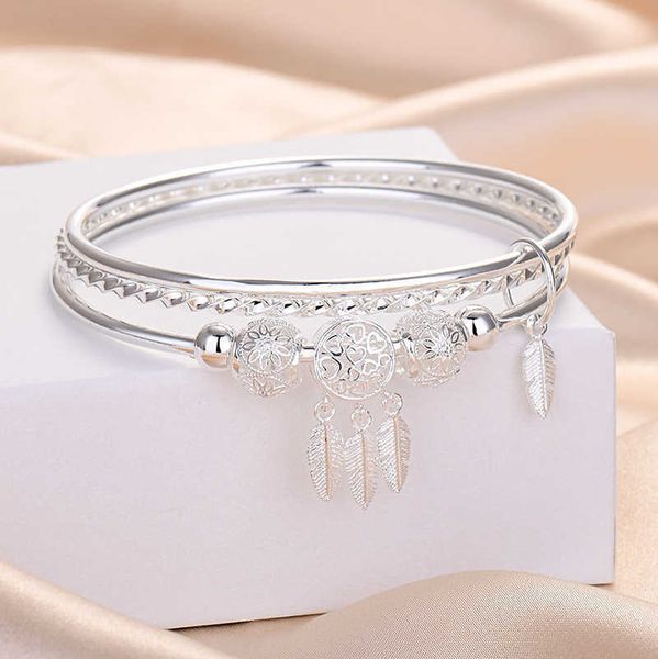 

925 silver plated bangles with leaf and beads pendant bracelets jewelry for women, Black