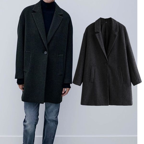 

wool woman autumn winter single pocket jacket long collar mrs streetwear, Black
