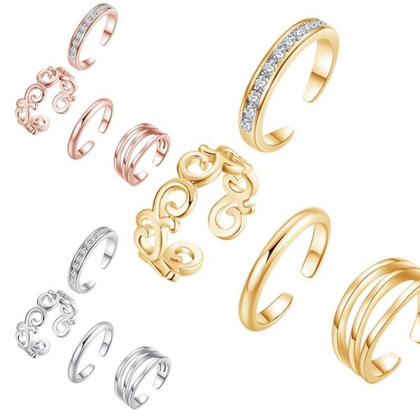 

love ring 4pcs simple copper crystal foot adjustable opening toe for women girl summer beach vacation jewelry finger, Slivery;golden