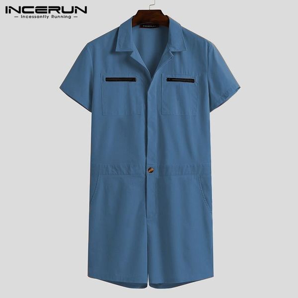 

man multi pockets zipper cusual shorts jumpsuit incerun vintage patchwork jumpsuits men short sleeve lapel buttons rompers 5xl 7 men's, White;black