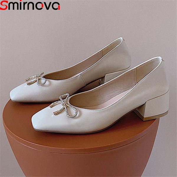 

dress shoes smirnova 2021 fashion women pumps genuine leather thick heels square toe shallow party rice white, Black
