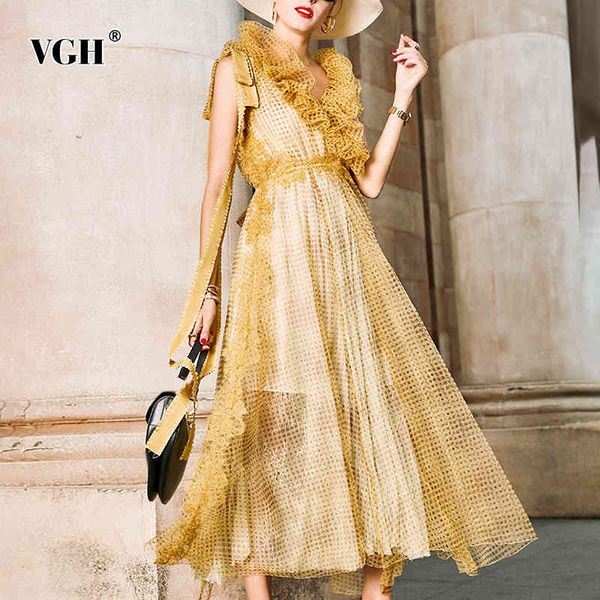 

vgh patchwork ruffle printed dress for women v neck sleeveless high waist elegant maxi dresses female fashion clothing summer 210421, Black;gray