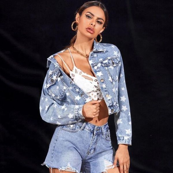 

women's jackets denim jacket european and american star print short casual long sleeve female coat top, Black;brown