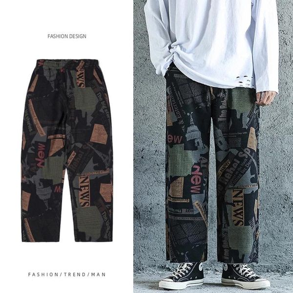 

men's jeans fall/winter style japanese american printed knitted loose straight burrs retro stretch skirt pants trendy, Blue
