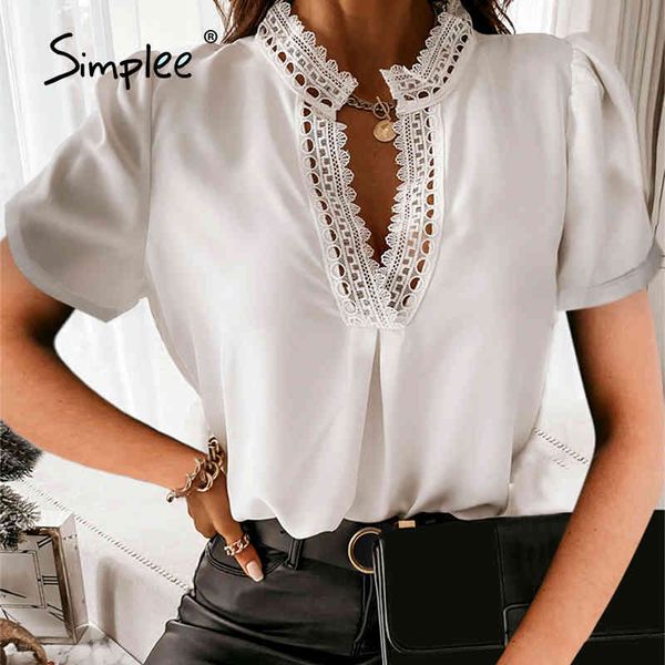 White Lace Negócios Mulheres Blusa Verão V Neck Neck Moda Oco Out Tops Casuais Primavera Costura Coleira Preto T-shirts 210414