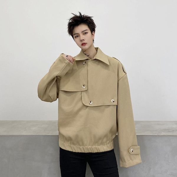 

spring structural laminated design button decoration men's pullover jacket short loose coat male 9y5299 jackets, Black;brown