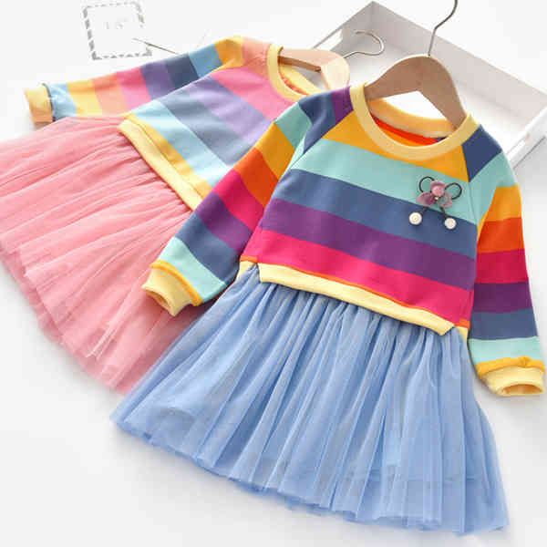 Frühling 2021 Neue kinder Langarm Regenbogen Streifen Pullover Mesh Rock Mädchen Prinzessin Kleid Nähte Kleid Kinder Kleidung Q0716