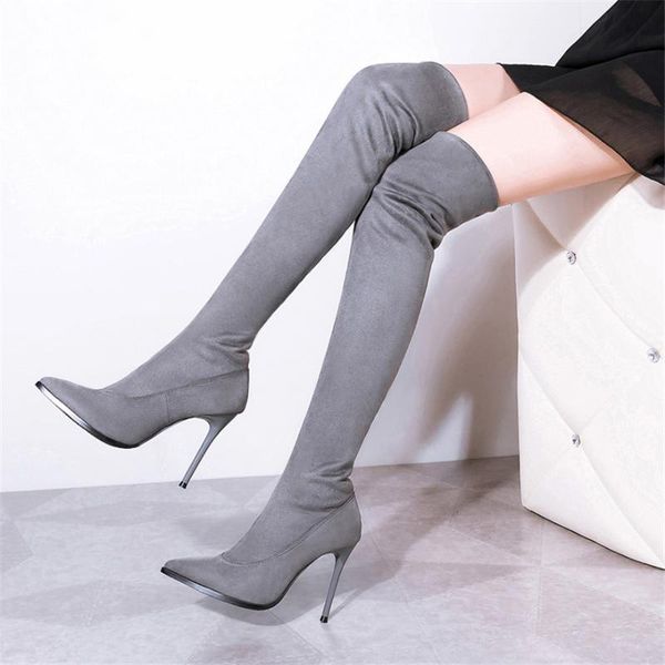 

boots 4 colors women's stovepipe over the knee autumn elastic fabric pointed toe thigh high woman shoes long bota feminina, Black