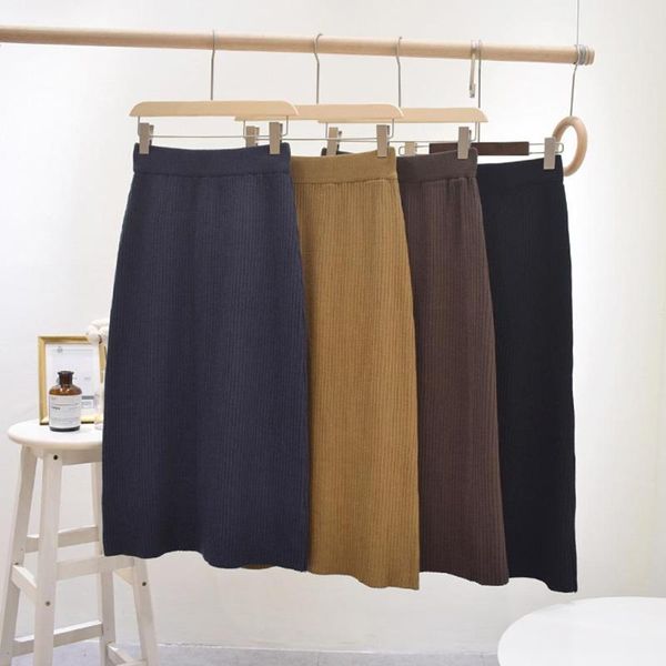 

women autumn winter solid color elastic high waist slim knitted midi skirt elegant ladies office skirts, Black