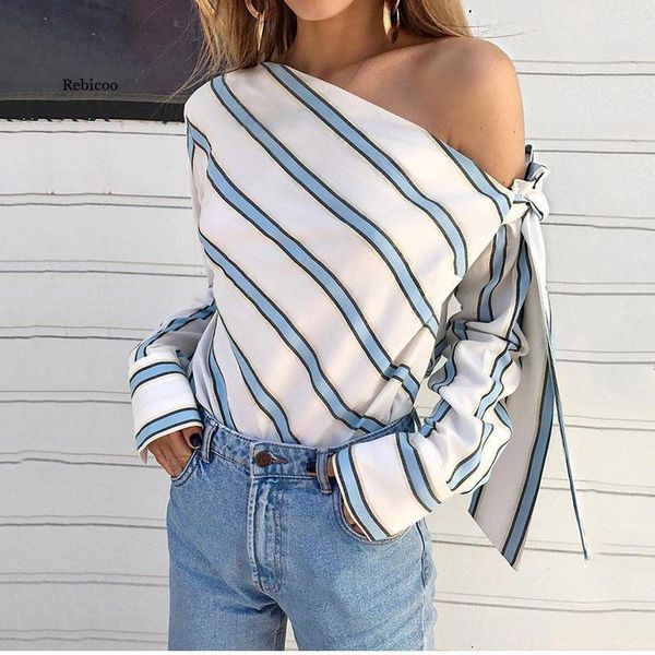

women's blouses & shirts striped off shoulder bowtie blouse skew collar long sleeve summer fashion casual female, White