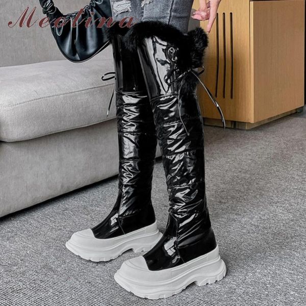 

boots meotina women shoes patent leather snow platform flat over the high round toe ladies footwear 2021 winter black 39