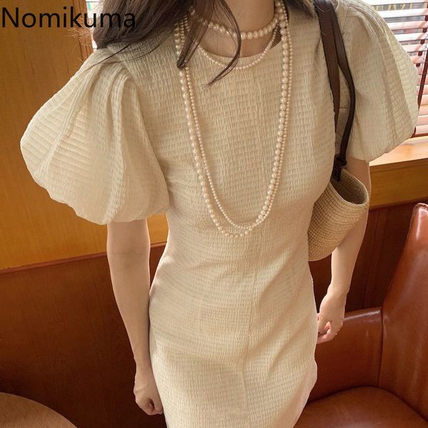 

nomikuma summer new elegant slim woman dress korean puff sleeve o-neck vestidos femme solid fashion dresses 6h470 210427, Black;gray