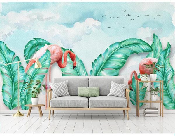 

wallpapers xue su professional custom wall covering large mural wallpaper simple hand-painted tropical leaves flamingo tv background