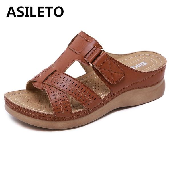 

slippers asileto 2021 women wedge heel sandals soft leather big size 44 cutout open toe anti slip comfy thick bottom casual, Black